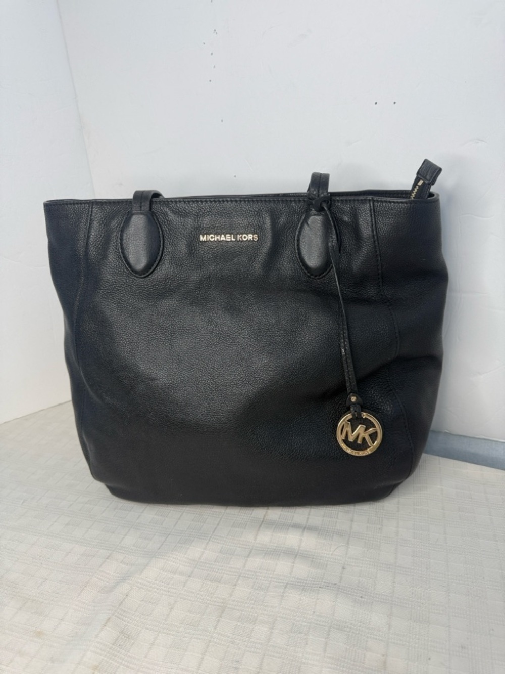 Michael Kors Ani Black Leather Tote with Gold MK Charm